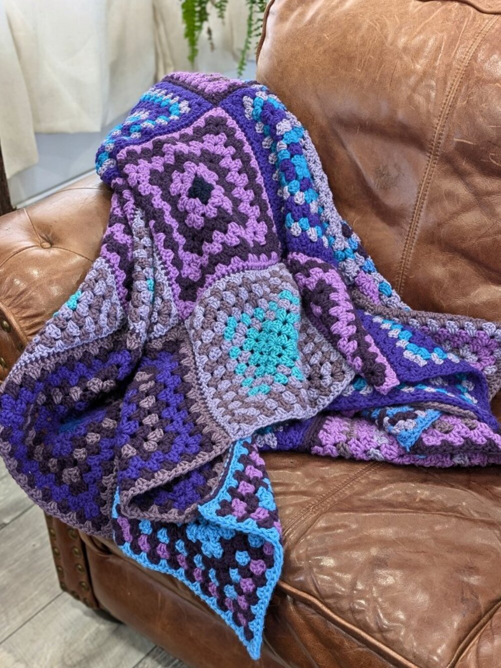 Vintage Crochet Granny Square Blanket Purple Blue Patchwork Boho Throw 50x63